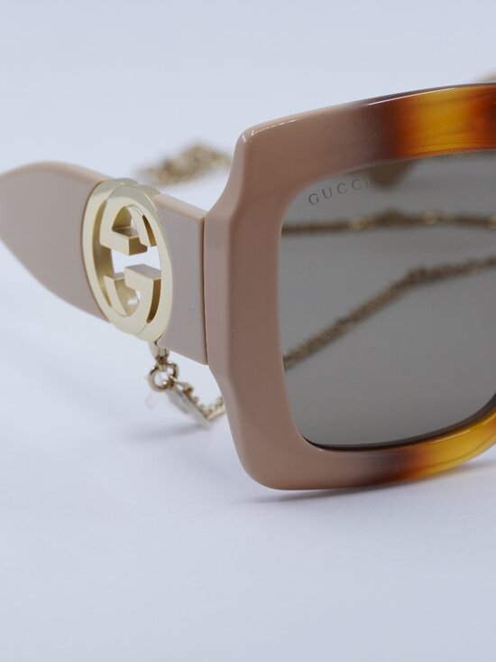 Gucci GG1022S 003 Square Sunglasses -Havana Gradient Ivory/Brown with Gold Chain main image 9